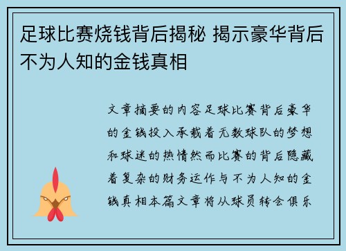 足球比赛烧钱背后揭秘 揭示豪华背后不为人知的金钱真相
