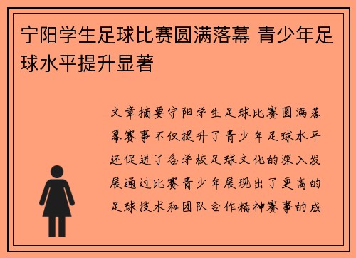 宁阳学生足球比赛圆满落幕 青少年足球水平提升显著