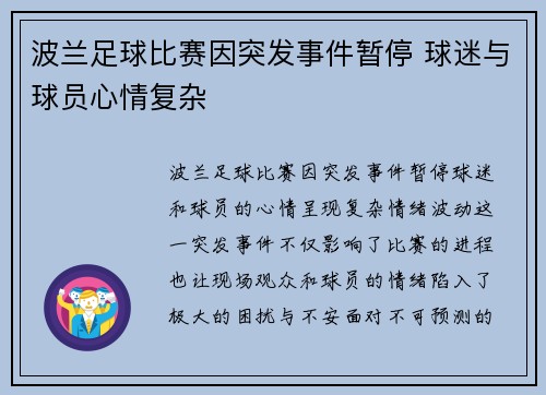 波兰足球比赛因突发事件暂停 球迷与球员心情复杂