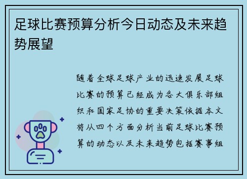 足球比赛预算分析今日动态及未来趋势展望