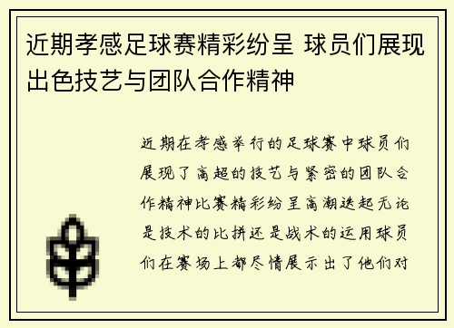 近期孝感足球赛精彩纷呈 球员们展现出色技艺与团队合作精神