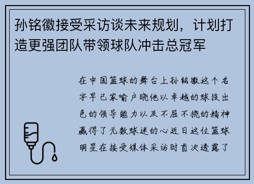 孙铭徽接受采访谈未来规划，计划打造更强团队带领球队冲击总冠军