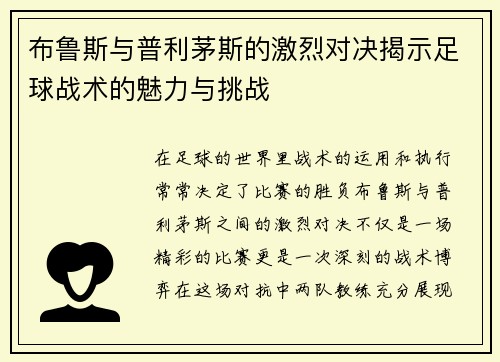 布鲁斯与普利茅斯的激烈对决揭示足球战术的魅力与挑战