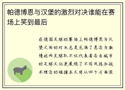 帕德博恩与汉堡的激烈对决谁能在赛场上笑到最后