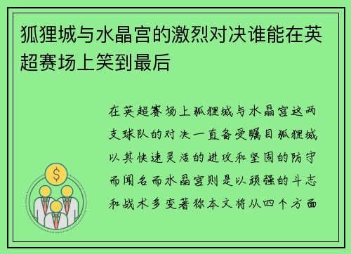 狐狸城与水晶宫的激烈对决谁能在英超赛场上笑到最后