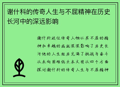 谢什科的传奇人生与不屈精神在历史长河中的深远影响