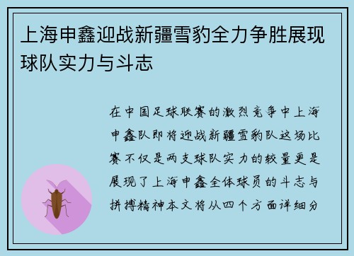 上海申鑫迎战新疆雪豹全力争胜展现球队实力与斗志