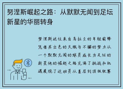 努涅斯崛起之路：从默默无闻到足坛新星的华丽转身