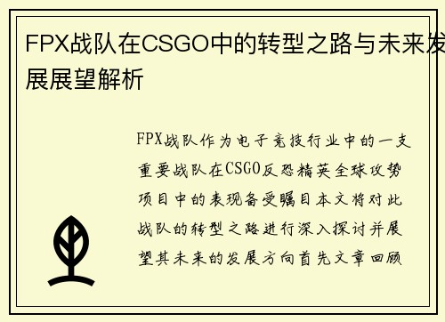 FPX战队在CSGO中的转型之路与未来发展展望解析