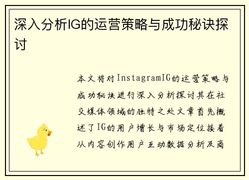 深入分析IG的运营策略与成功秘诀探讨